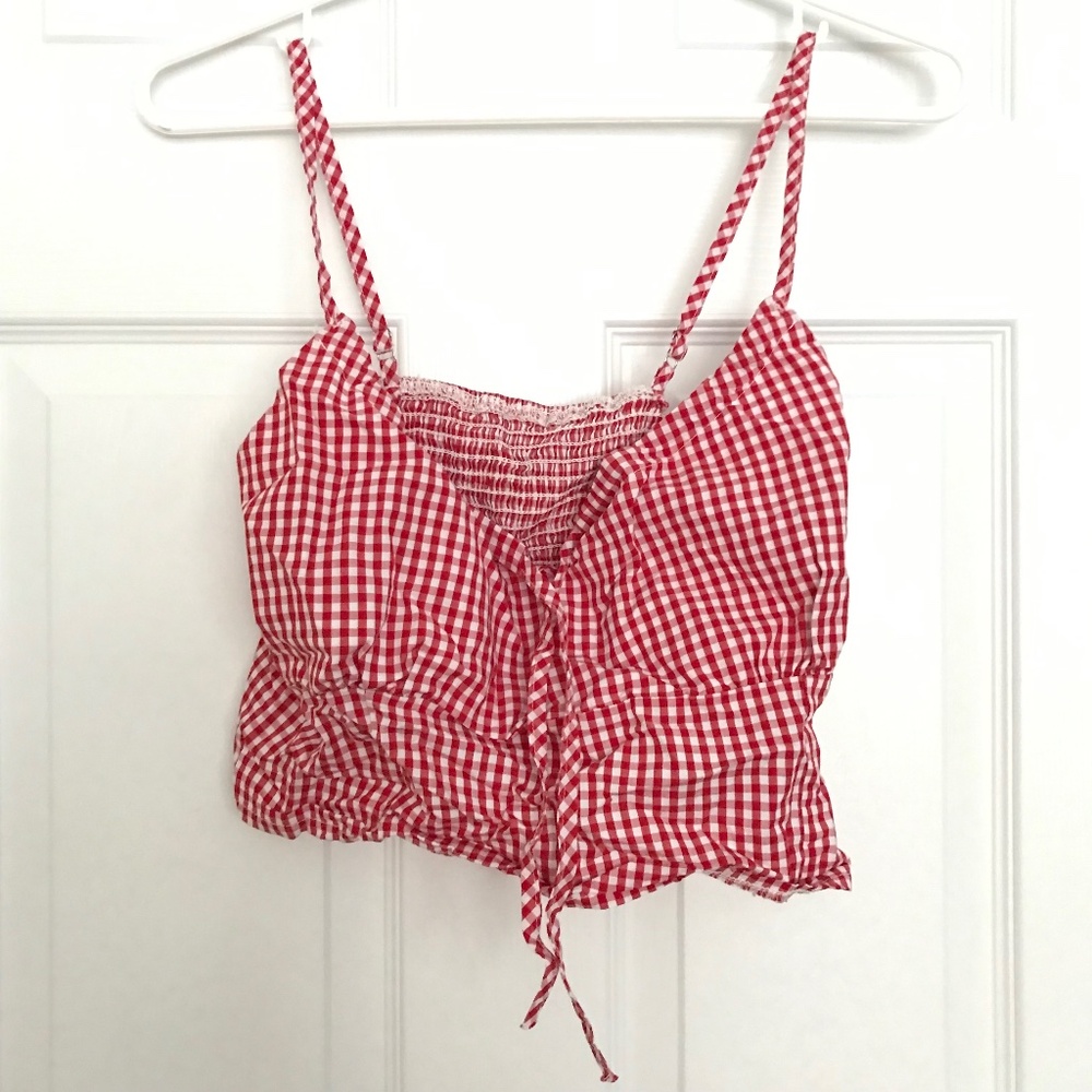 ZAFUL Gingham Bustier Top Blouse M Cropped Front Tie Bow Red White